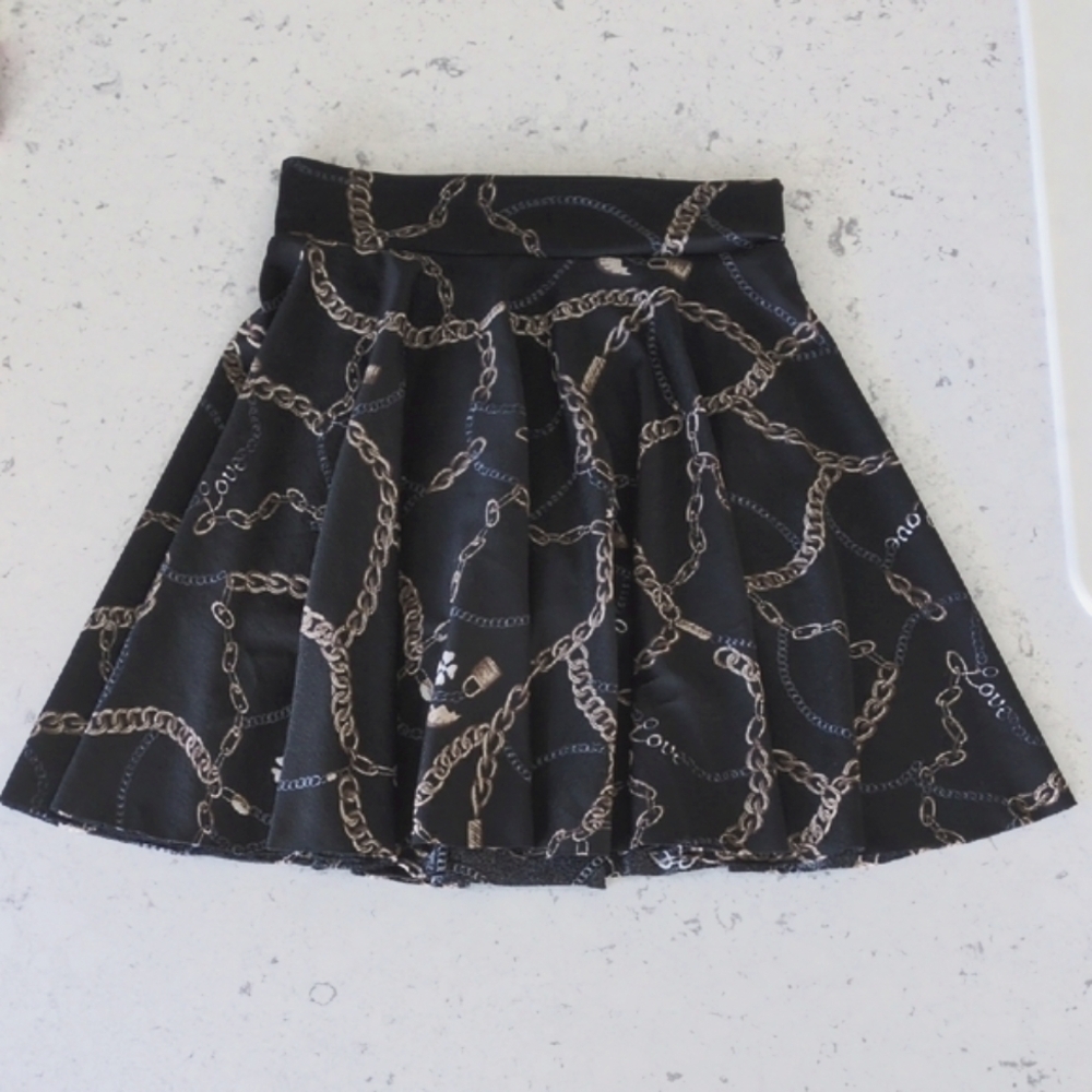 Black and Gold Mini Skater Skirt with Pleats